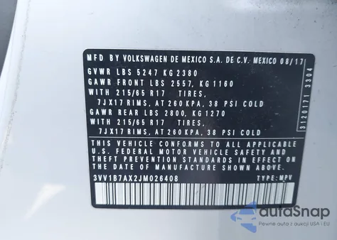 2018 Volkswagen Tiguan 2.0T S из США, поврежденный, VIN 3VV1B7AX2JM026408